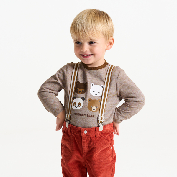 تيشيرت بأكمام طويلة بطبعة دب باللون البني للأولاد